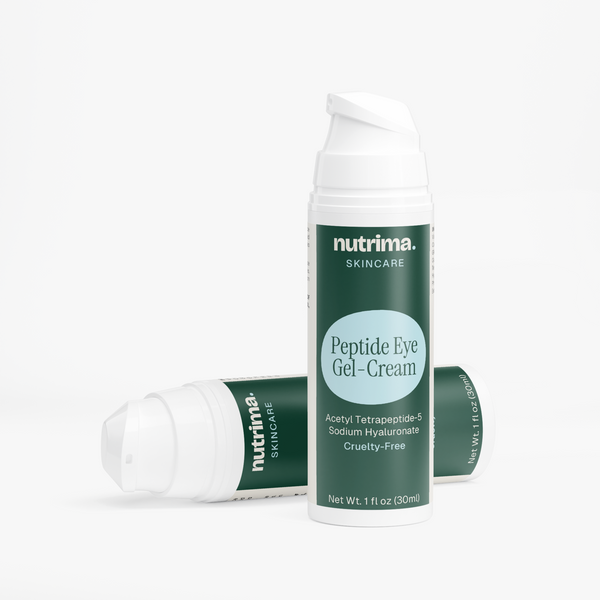 Two bottles of Peptide Eye Gel-Cream displayed at an angle, featuring a green label and pump top by nutrima.