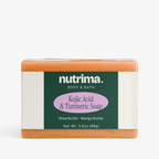Kojic Acid & Turmeric Soap showcases a vibrant orange bar with a sleek design and branding by nutrima.