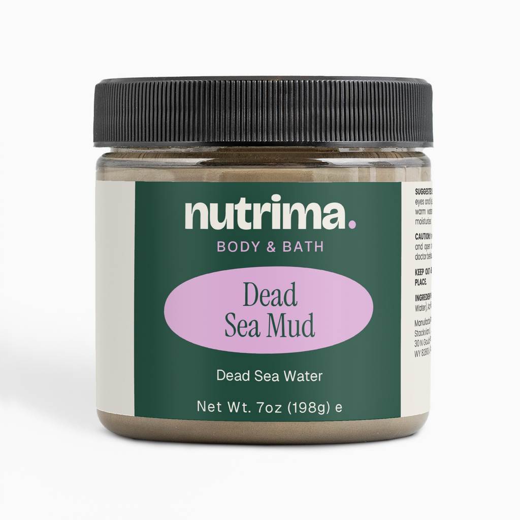 Close-up of a jar of Dead Sea Mud, featuring a green label with purple text, by nutrima.