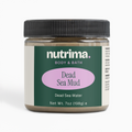 Close-up of a jar of Dead Sea Mud, featuring a green label with purple text, by nutrima.