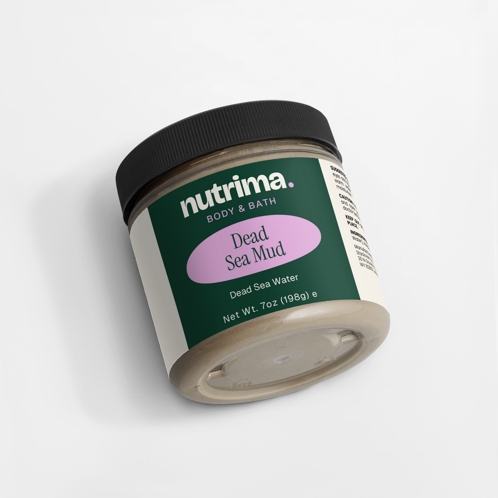 Dead Sea Mud jar showcasing a sleek design and neutral color palette, 7 oz container by nutrima.