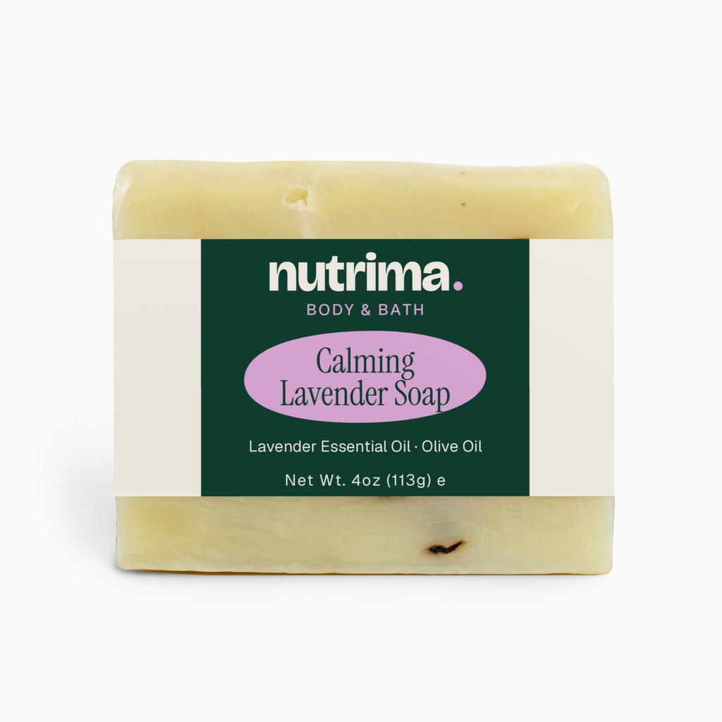 Bar of Calming Lavender Soap featuring a creamy texture and distinct lavender scent, by nutrima.