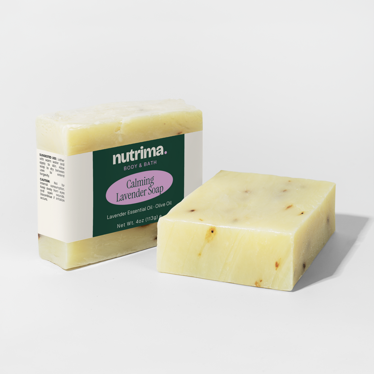Calming Lavender Soap in a square bar format with visible lavender specks, presented by nutrima.