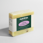 Clear view of Calming Lavender Soap by nutrima, showcasing its light yellow color and distinctive packaging.