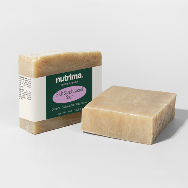 Creamy Rich Sandalwood Soap showcases a smooth texture and clear packaging, highlighting its natural ingredients by nutrima.
