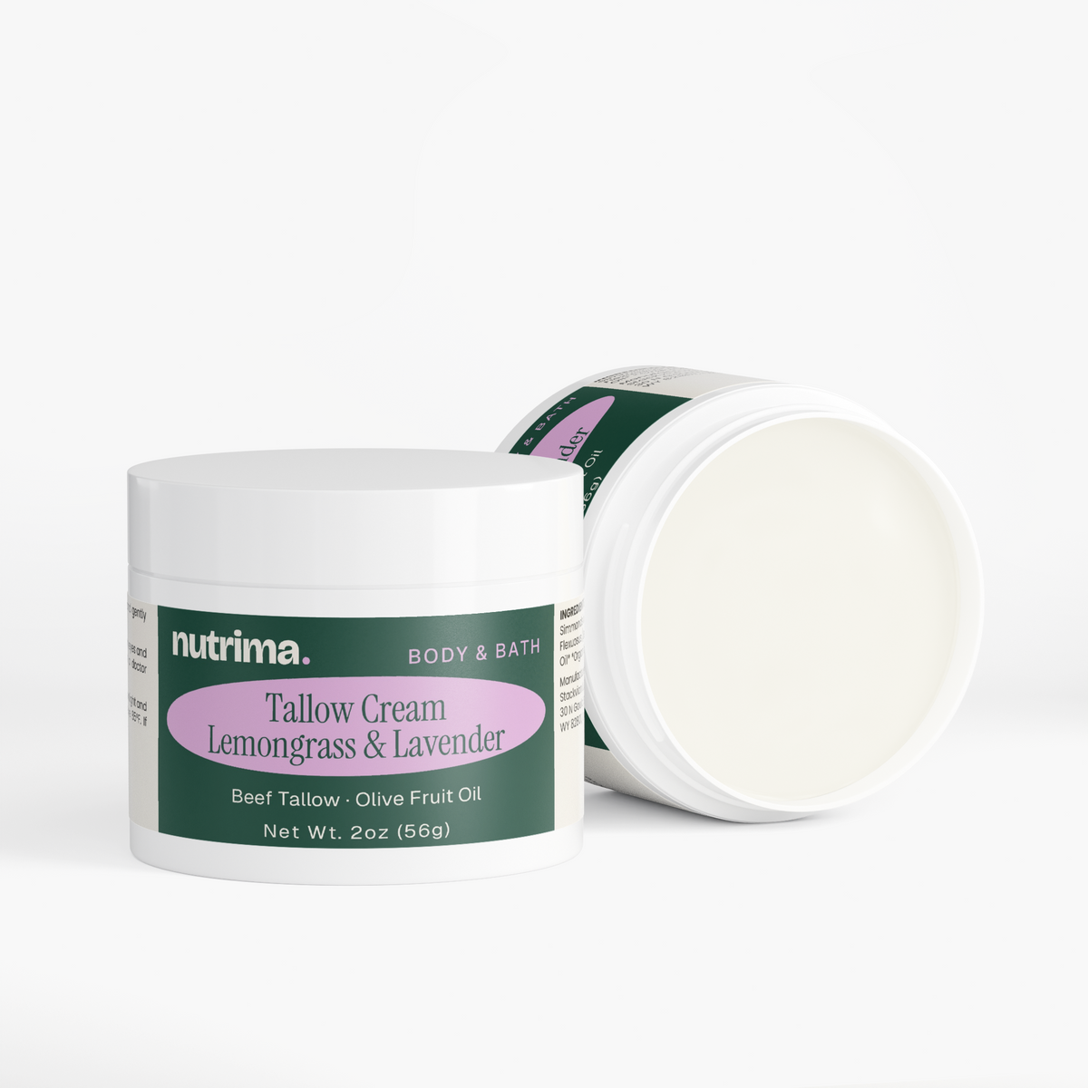 Tallow Cream Lemongrass & Lavender in a white jar, highlighting a textured cream and brand label by nutrima.