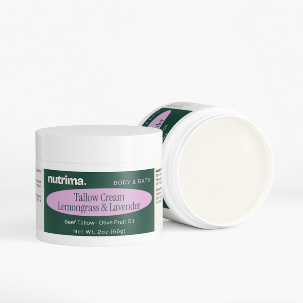 Tallow Cream Lemongrass & Lavender in a white jar, highlighting a textured cream and brand label by nutrima.