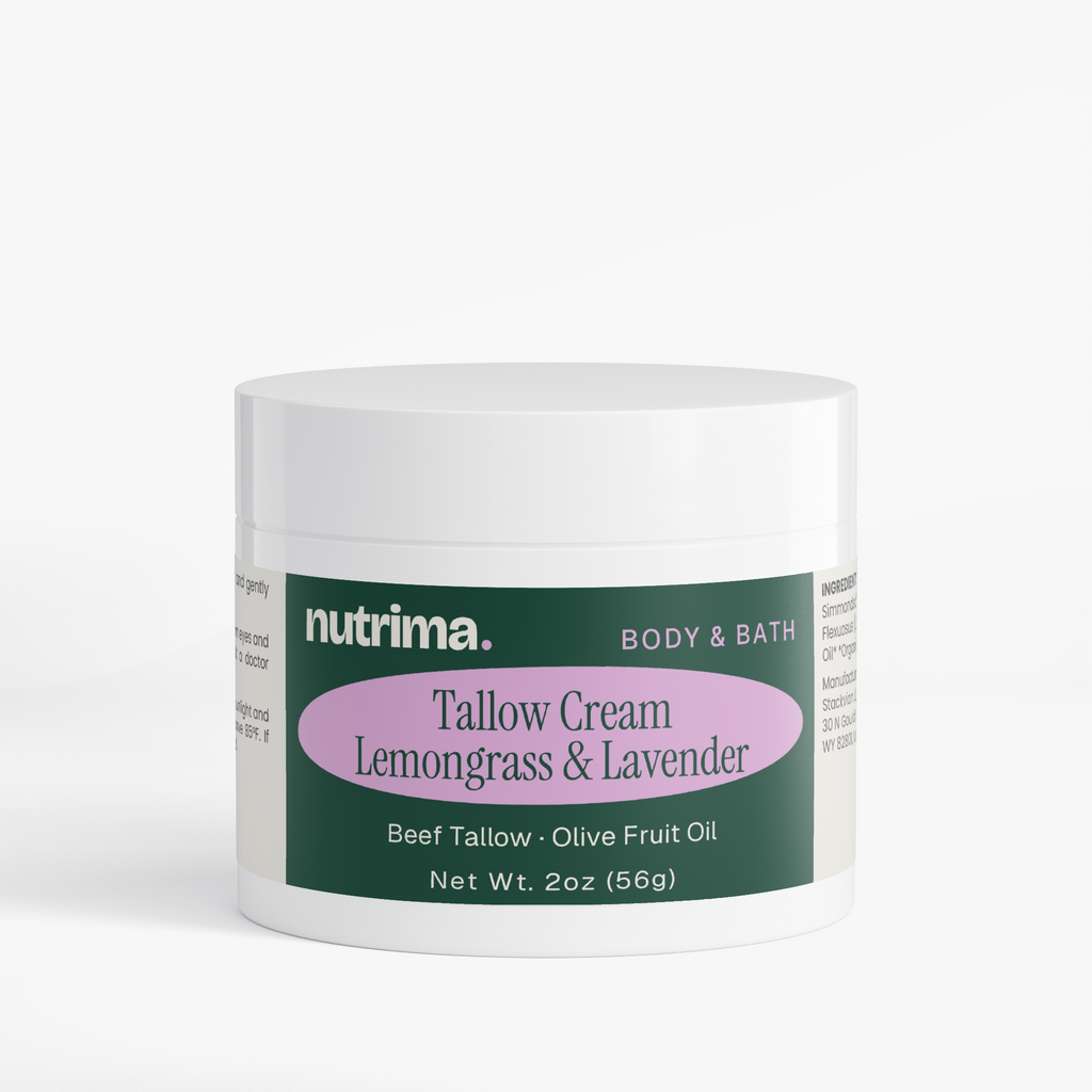 Tallow Cream Lemongrass & Lavender in a white jar with a lavender label, featuring a clean, modern design by nutrima.