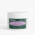 Tallow Cream Lemongrass & Lavender in a white jar with a lavender label, featuring a clean, modern design by nutrima.
