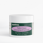 Tallow Cream Lemongrass & Lavender in a white jar with a lavender label, featuring a clean, modern design by nutrima.