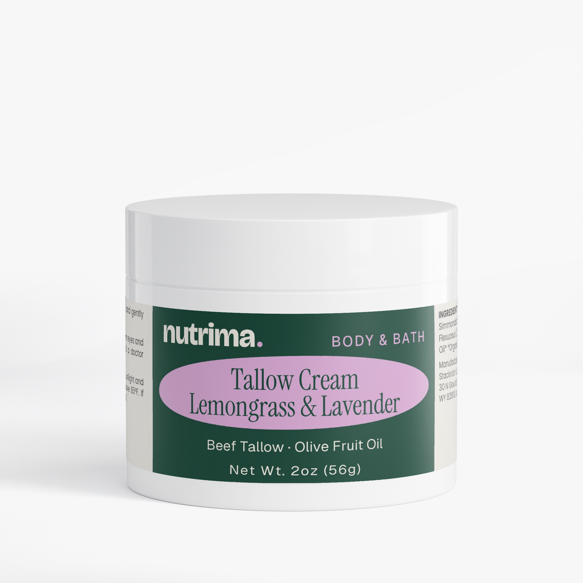 Tallow Cream Lemongrass & Lavender in a white jar with a lavender label, featuring a clean, modern design by nutrima.