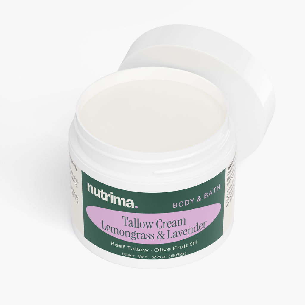 Open jar of Tallow Cream Lemongrass & Lavender showcasing its creamy texture, by nutrima.