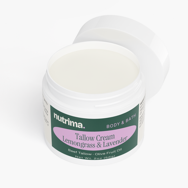 Open jar of Tallow Cream Lemongrass & Lavender showcasing its creamy texture, by nutrima.