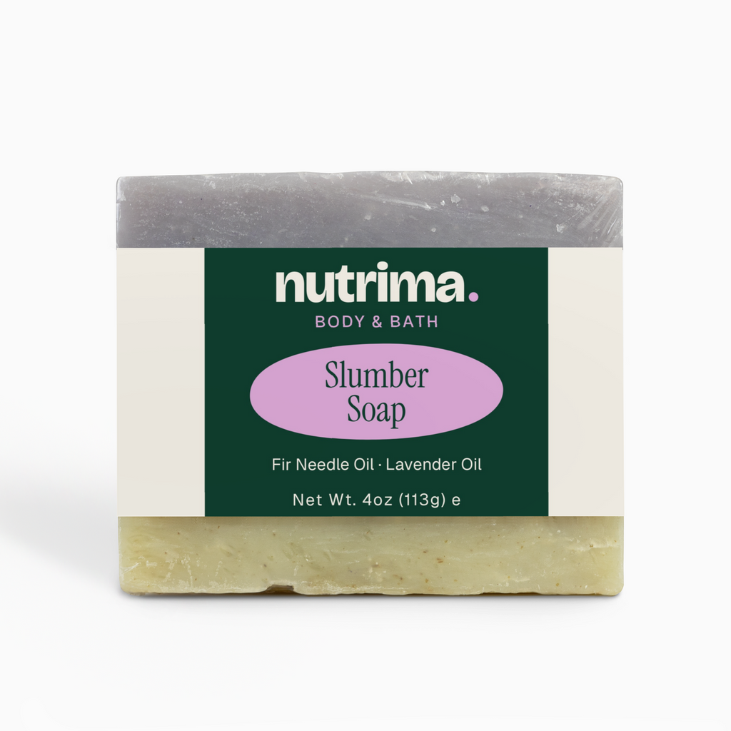 Slumber Soap features a layered design in gray and green, labeled with ingredients, by nutrima.
