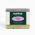 Slumber Soap features a layered design in gray and green, labeled with ingredients, by nutrima.