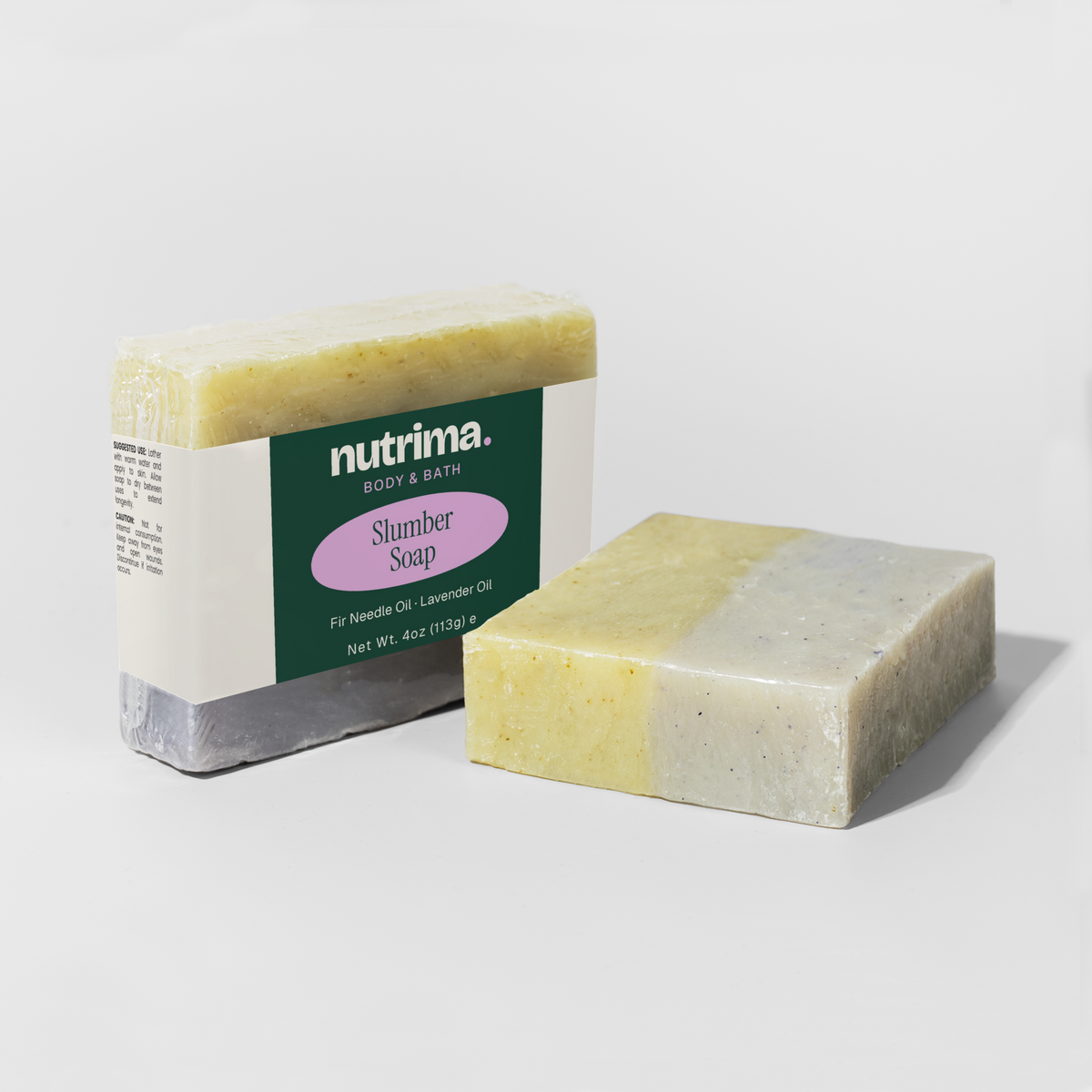 Slumber Soap features a layered design with green and lavender hues, showcasing its distinct appearance by nutrima.