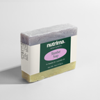 Distinct lavender and green layered Slumber Soap bar with branding by nutrima.