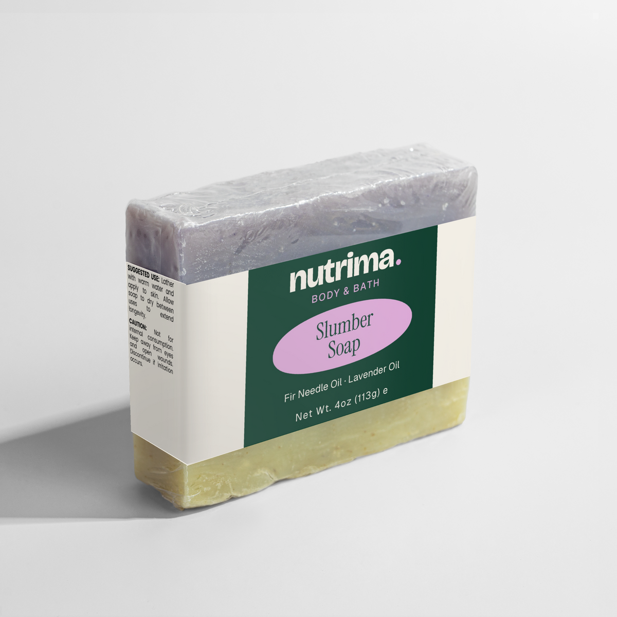 Distinct lavender and green layered Slumber Soap bar with branding by nutrima.