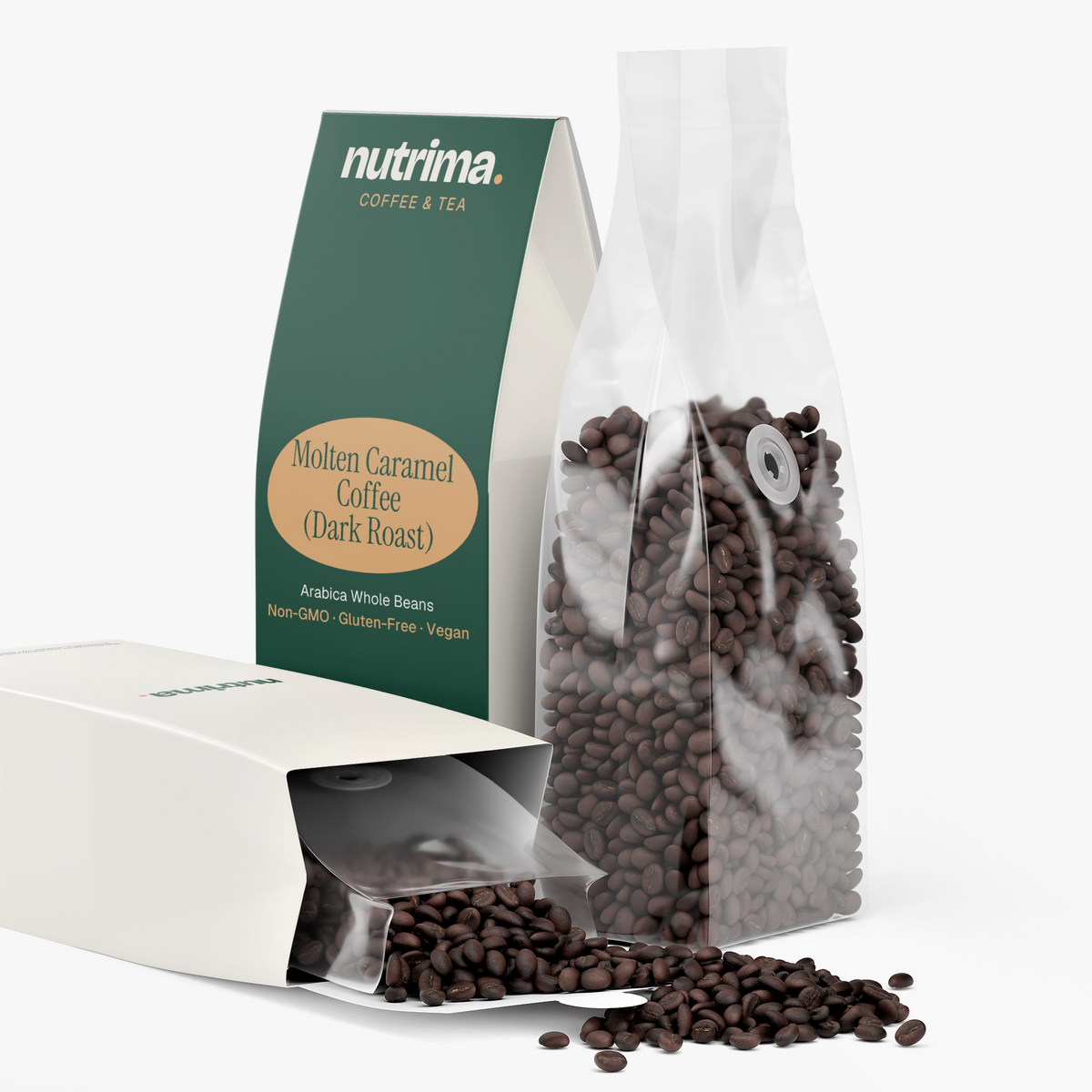 Molten Caramel Coffee (Dark Roast) in clear packaging beside a box, showcasing the rich, dark roasted coffee beans by nutrima