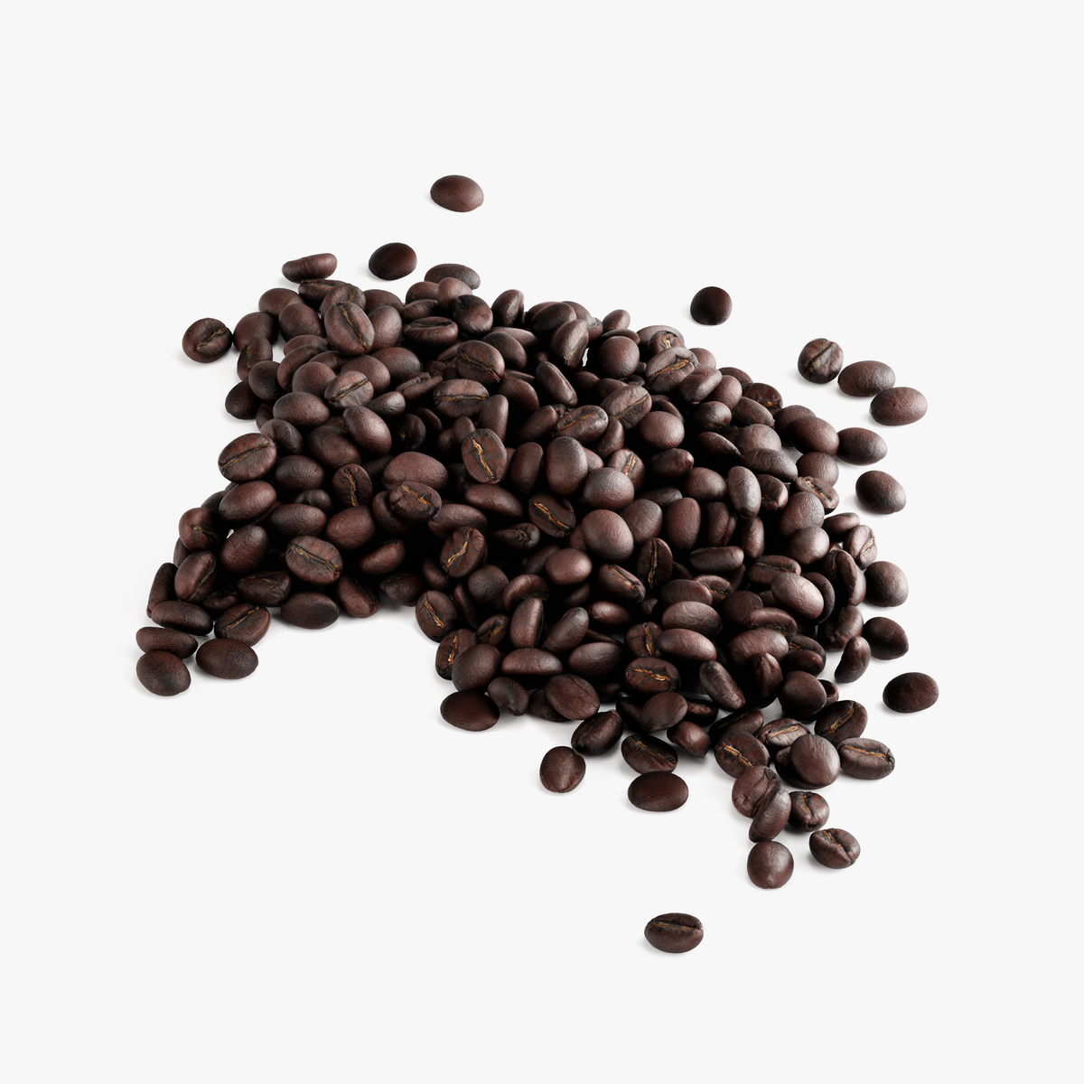 A heap of shiny dark roast coffee beans, highlighting their rich color and texture, featuring Molten Caramel Coffee by nutrim