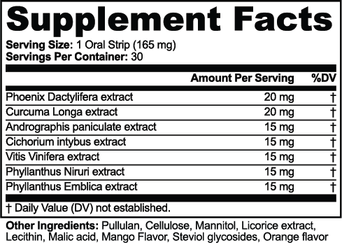 Supplement facts panel for Turmeric & Andrographis Botanical Oral Strips, detailing ingredients and serving size, by nutrima.