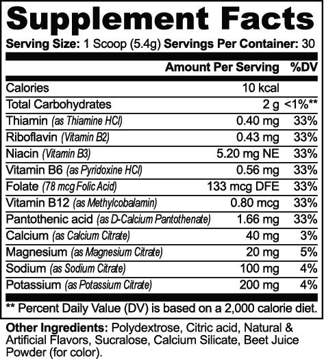 Supplement facts for Hydration Powder (Lychee) showing key vitamins and minerals by nutrima.