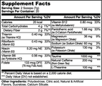 Detailed supplement facts for Lychee Splash Energy Powder, featuring nutrients like Vitamin B12 and Natural Caffeine by nutri