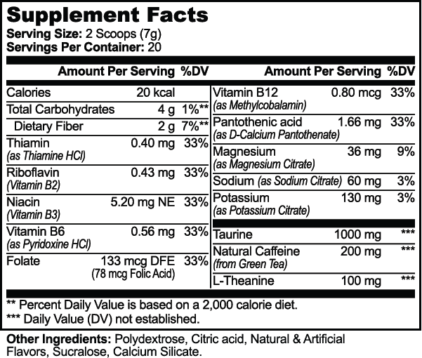 Detailed supplement facts for Lychee Splash Energy Powder, featuring nutrients like Vitamin B12 and Natural Caffeine by nutri