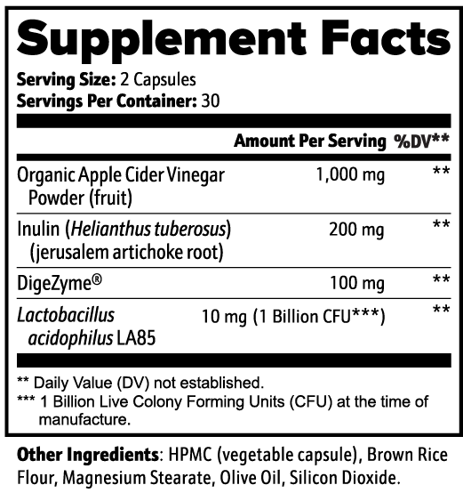 Supplement facts for Apple Cider Vinegar Capsules, detailing ingredients and serving information, by nutrima.