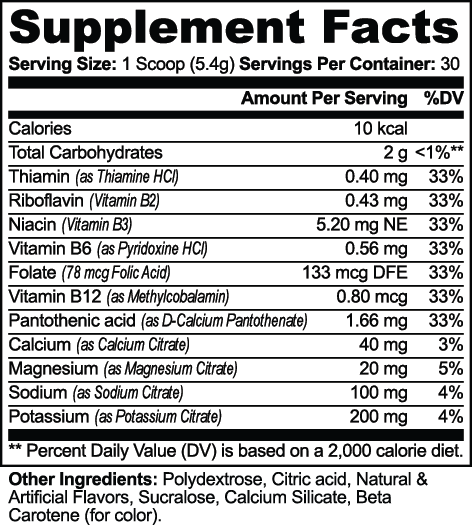 Nutritional information for Hydration Powder (Peach Mango), displaying serving details and ingredients by nutrima.