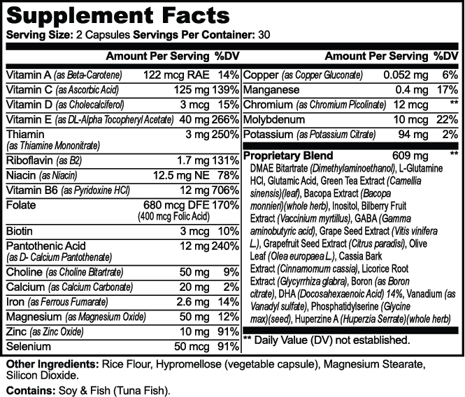 Supplement facts panel for Bacopa, Green Tea & DMAE Capsules, detailing vitamins and proprietary blend ingredients by nutrima.