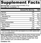 Nutritional facts for Performance Whey Protein Blend (Vanilla) showing serving details and ingredients list by nutrima.