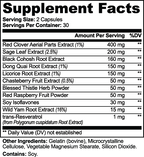 Supplement facts for Black Cohosh, Dong Quai & Red Clover Capsules highlighting key ingredients and serving details by nutrima.