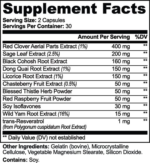 Supplement facts for Black Cohosh, Dong Quai & Red Clover Capsules highlighting key ingredients and serving details by nutrima.