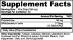Supplement facts for Probiotic + Polydextrose Oral Strips showing ingredients and amounts per serving, by nutrima.