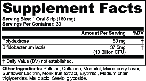 Supplement facts for Probiotic + Polydextrose Oral Strips showing ingredients and amounts per serving, by nutrima.
