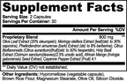 Supplement facts label detailing ingredients and amounts for Olive Leaf, Moringa & Holy Basil Capsules by nutrima.