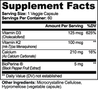 Supplement facts panel showing ingredients and serving details for Calcium, Vitamin D3 & K2 Capsules by nutrima.