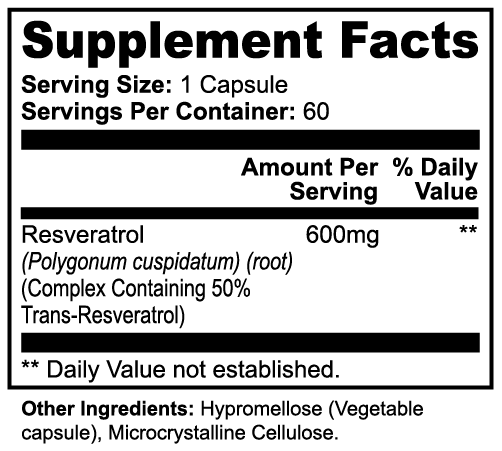 Supplement facts for Resveratrol 50% 600mg supplement, listing serving size and ingredients; by nutrima.