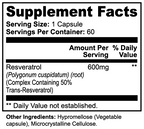 Supplement facts for Resveratrol 50% 600mg supplement, listing serving size and ingredients; by nutrima.
