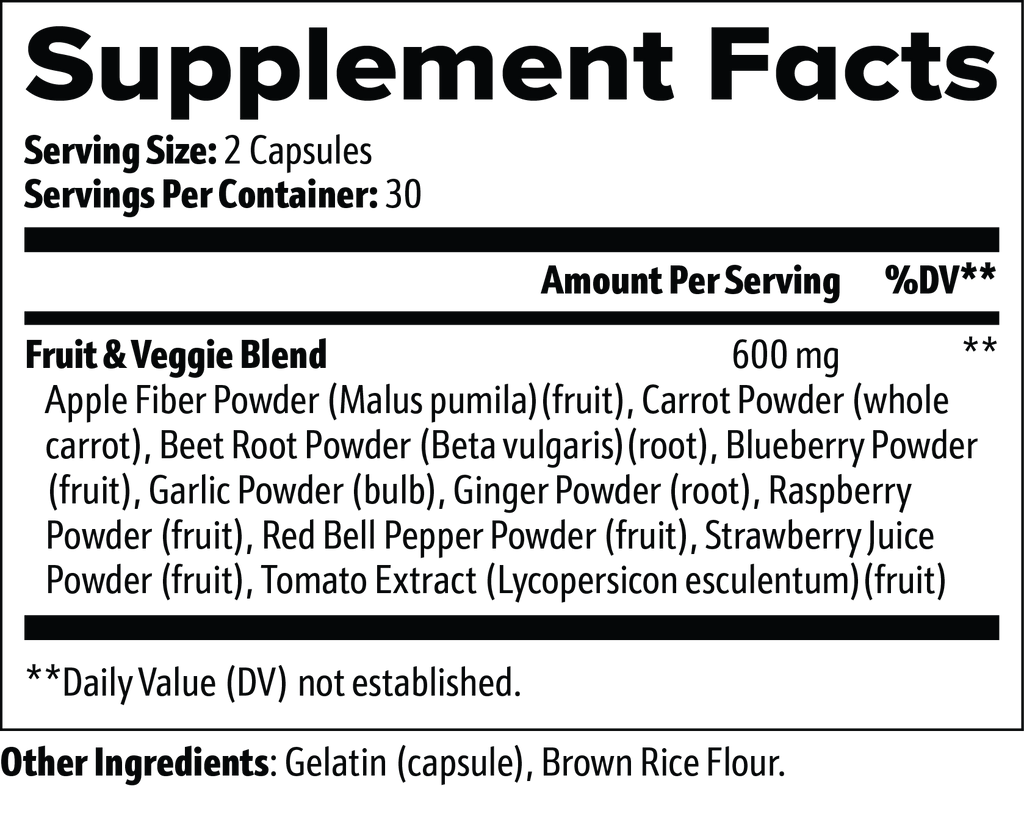 Supplement facts for Fruits and Veggies (Greens & Superfoods) by nutrima, detailing ingredients and serving size.