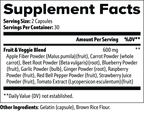Supplement facts for Fruits and Veggies (Greens & Superfoods) by nutrima, detailing ingredients and serving size.