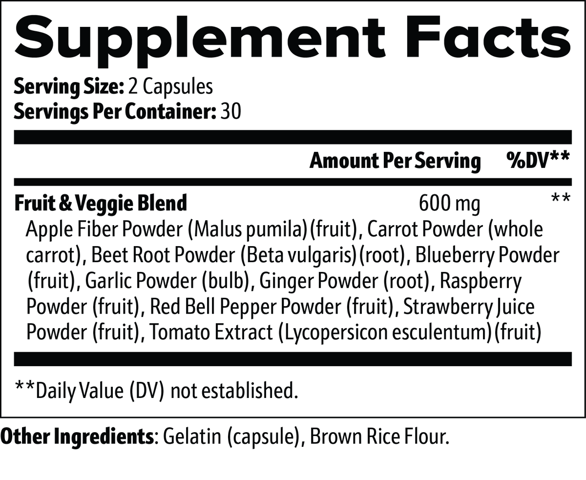 Supplement facts for Fruits and Veggies (Greens & Superfoods) by nutrima, detailing ingredients and serving size.