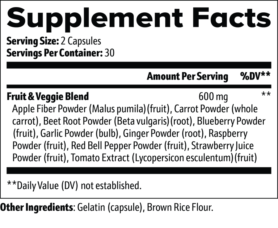 Supplement facts for Fruits and Veggies (Greens & Superfoods) by nutrima, detailing ingredients and serving size.