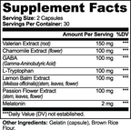 Supplements facts for Valerian, Chamomile & Melatonin Capsules, highlighting herbal extracts and melatonin, by nutrima.
