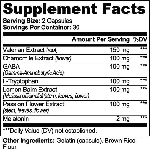 Supplements facts for Valerian, Chamomile & Melatonin Capsules, highlighting herbal extracts and melatonin, by nutrima.