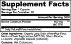 Supplement facts for Colostrum Capsules, highlighting Bovine Colostrum Powder and ingredients by nutrima.