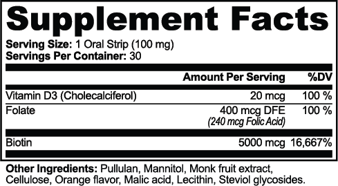 Supplement facts for Hair, Skin and Nails Strips detailing vitamins and biotin content by nutrima.