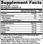 Nutrima's Cordyceps, GABA & Ginkgo Gummies supplement facts label detailing ingredients and nutritional information.