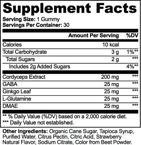 Nutrima's Cordyceps, GABA & Ginkgo Gummies supplement facts label detailing ingredients and nutritional information.
